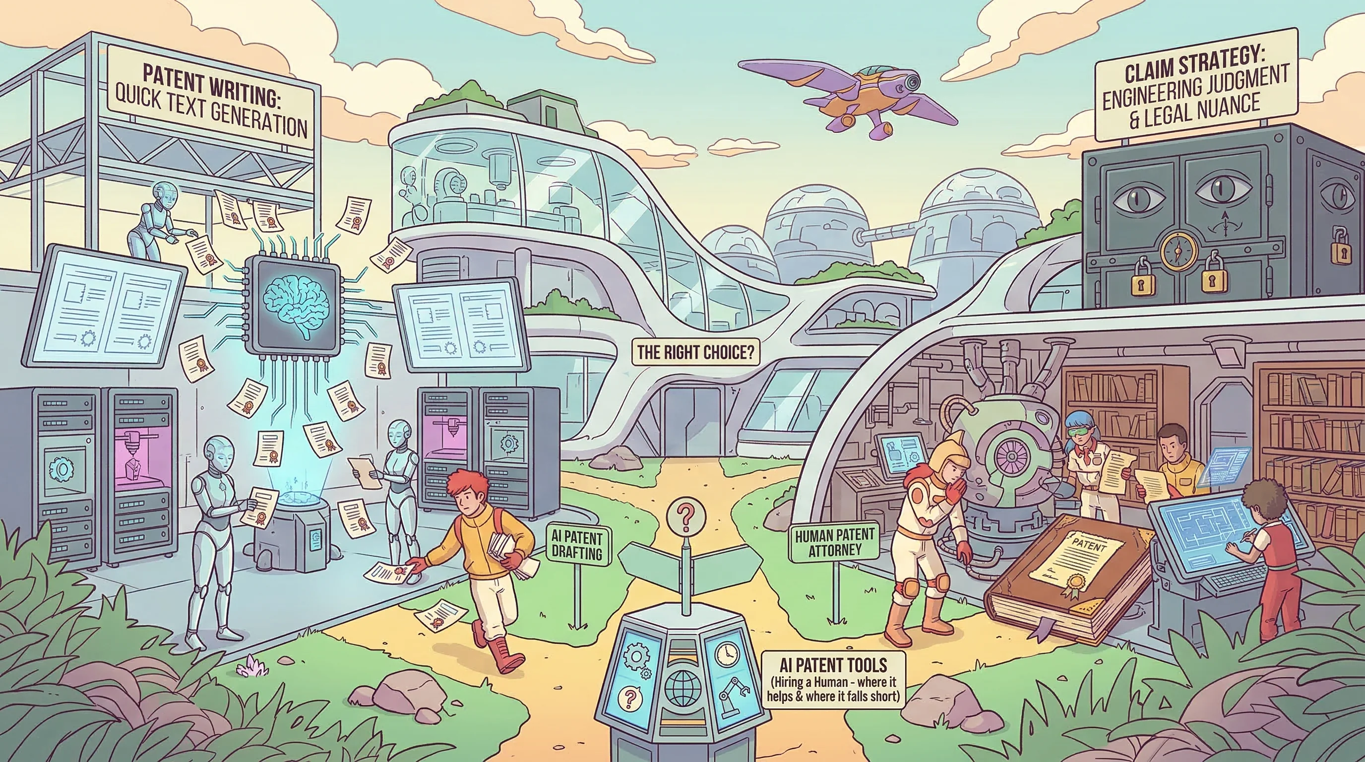 Illustration comparing AI patent writing tools vs hiring a human